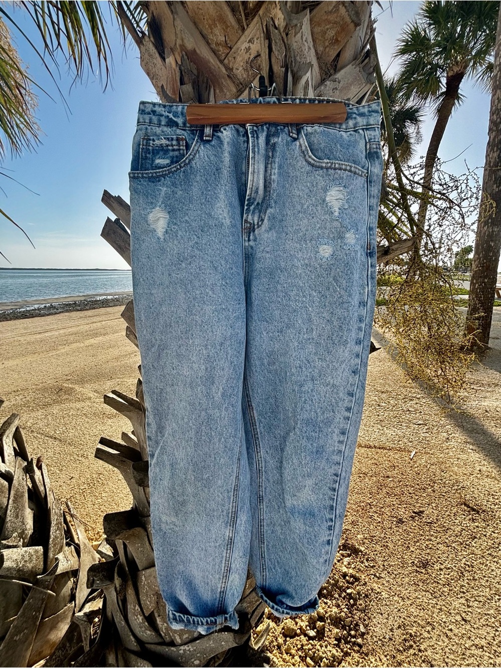 SHEIN Light Wash High-Rise Distressed Mom Jeans